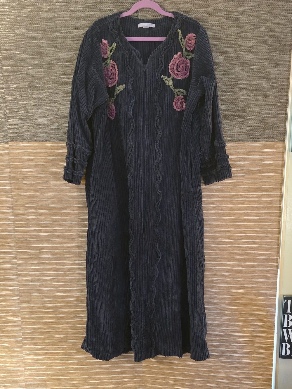 Only Necessities Navy Chenille Robe with Pink Rose Embroidery - Picture 1 of 4